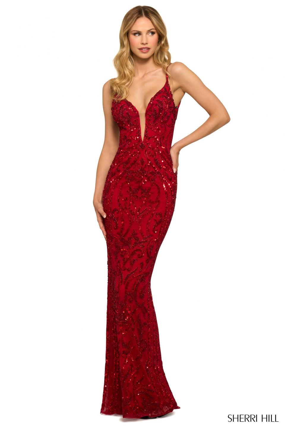 sherri hill Sequin beaded fitted gown with deep V illusion neckline and open back