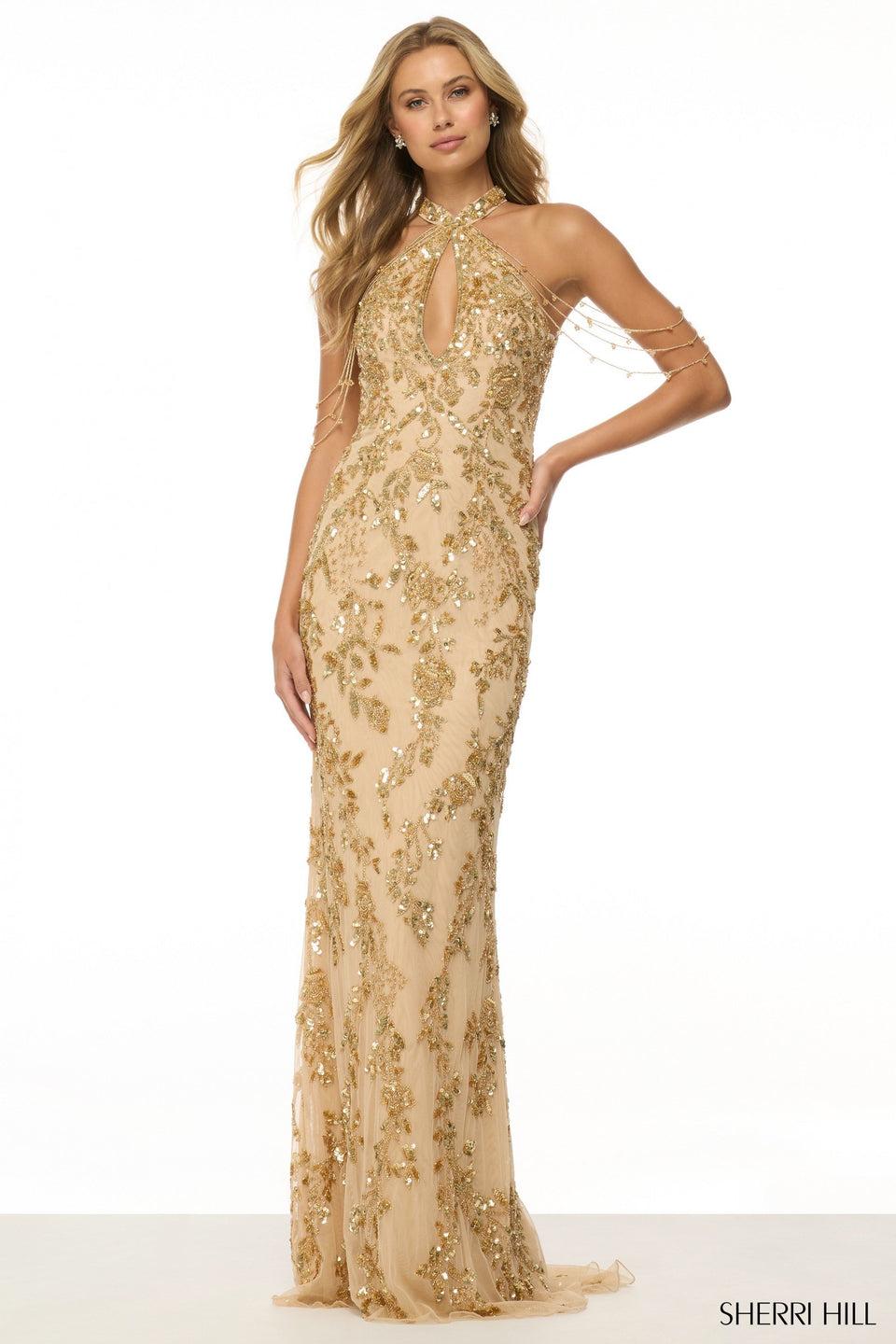 sherri hill Sequin beaded Halter gown with keyhole and off the shoulder beaded draping