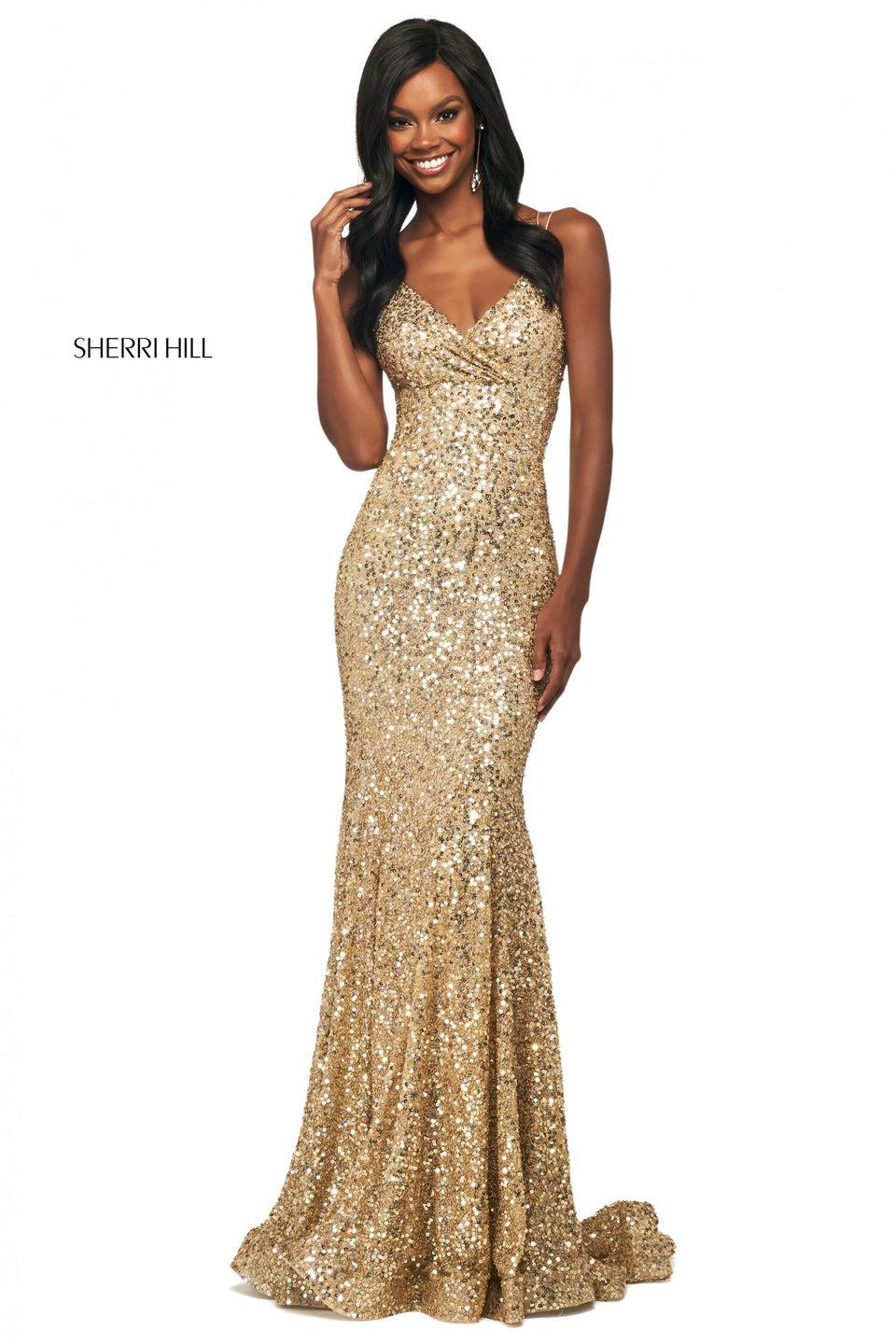 Sherri Hill Sequin Column Dress With Empire Waistline Wrap Bodice And Open Back