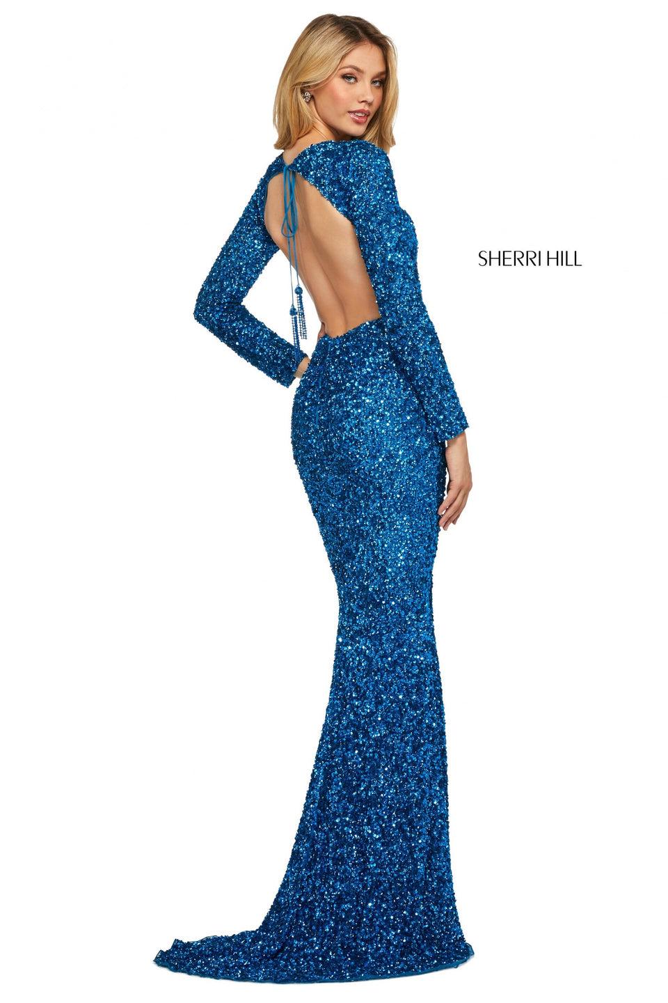 Sherri Hill Sequin Column Dress With High Neckline Long Sleeves And Open Back