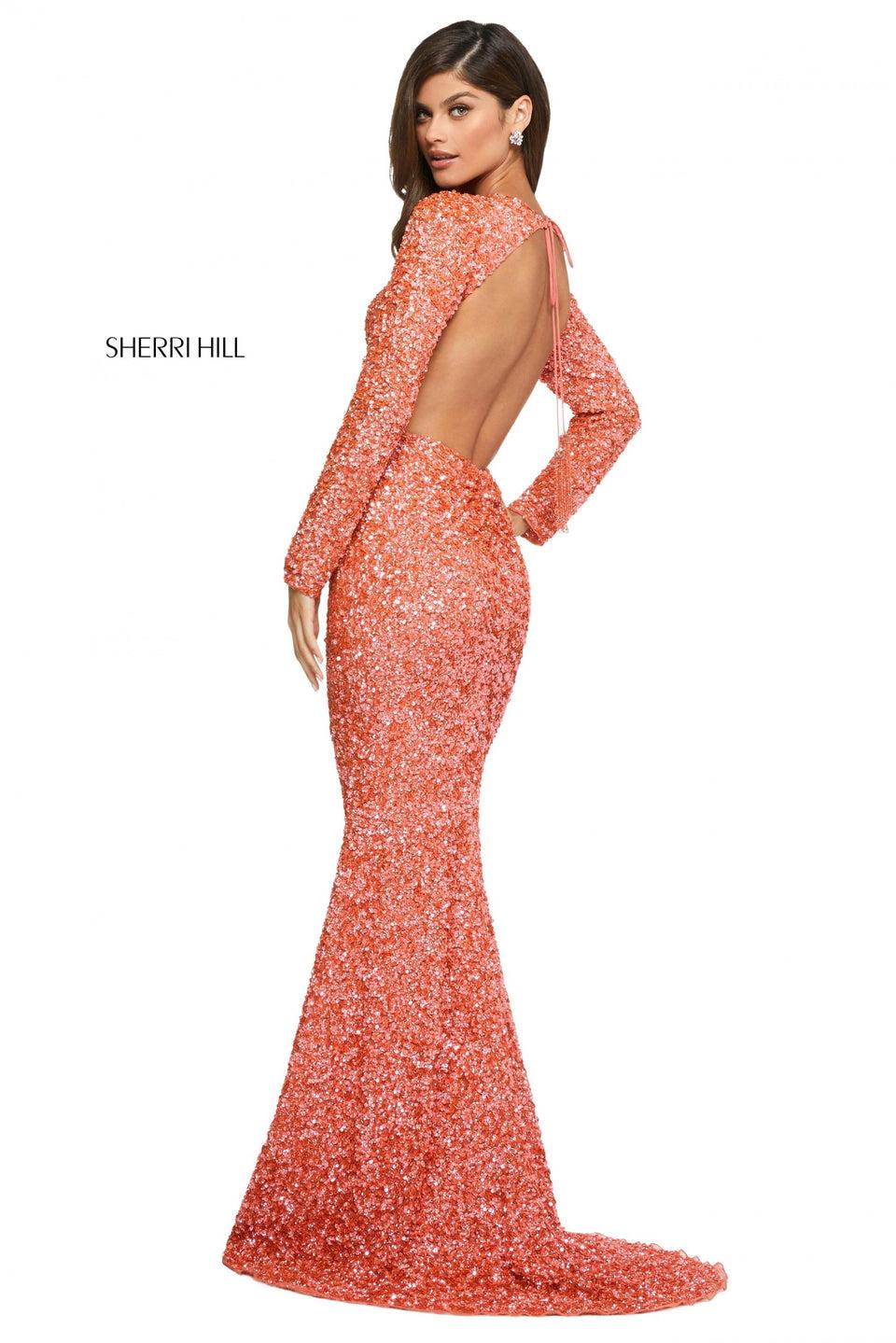 sherri hill Sequin column dress with high neckline long sleeves and open back