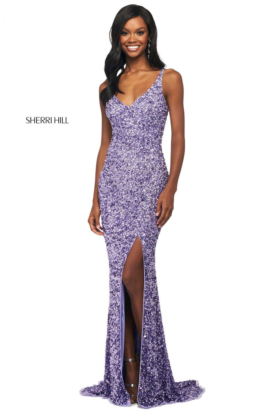 Sherri Hill Sequin Column Dress With Skirt Slit And V Neckline With Back Cut Out