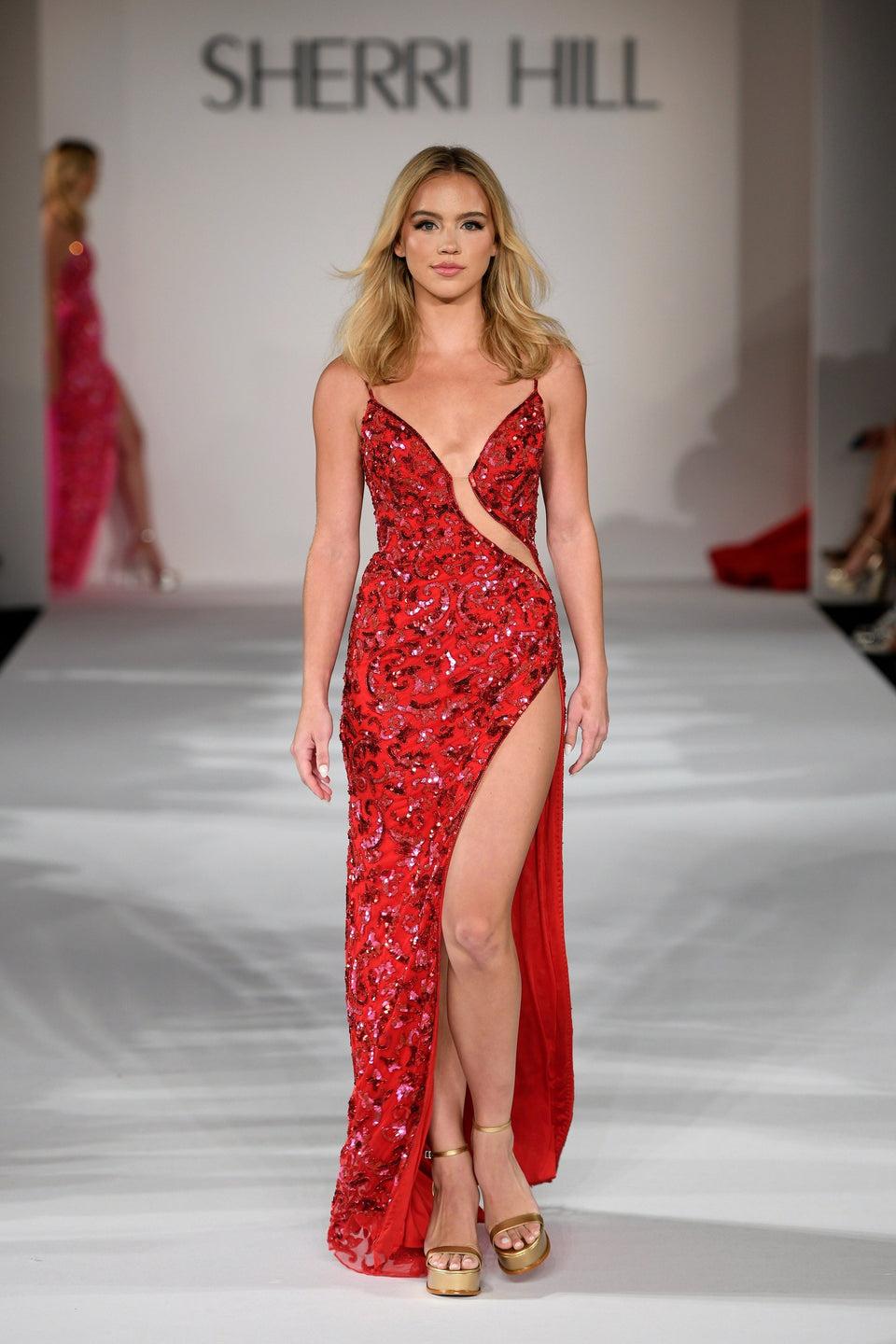 Sherri Hill Sequin Embellished Gown With Deep V Illusion Neckline And High Slit