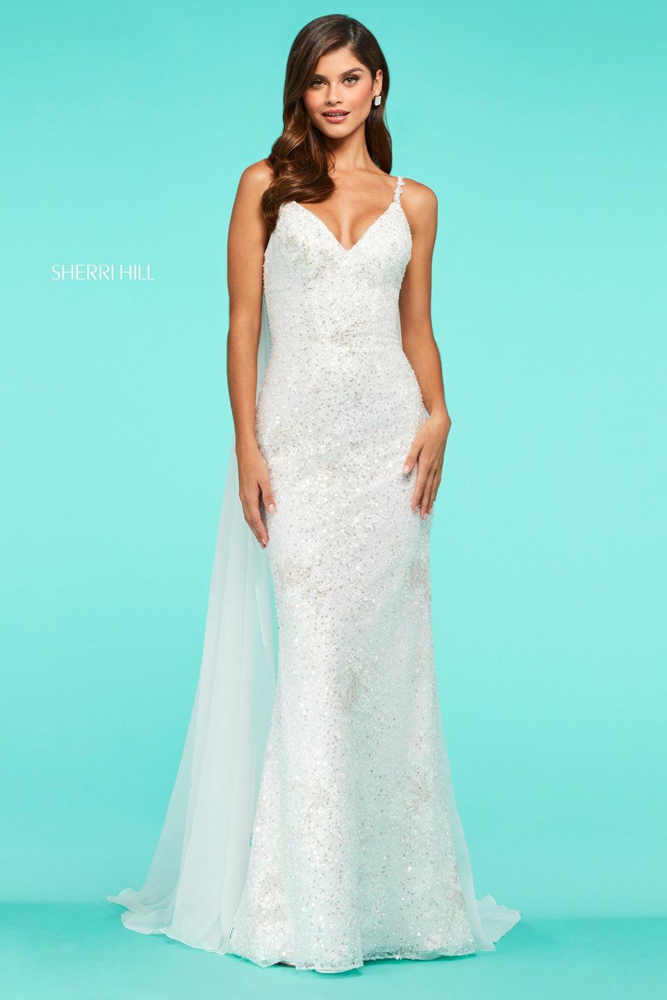 sherri hill Sequin fitted dress with V neckline and chiffon cape train