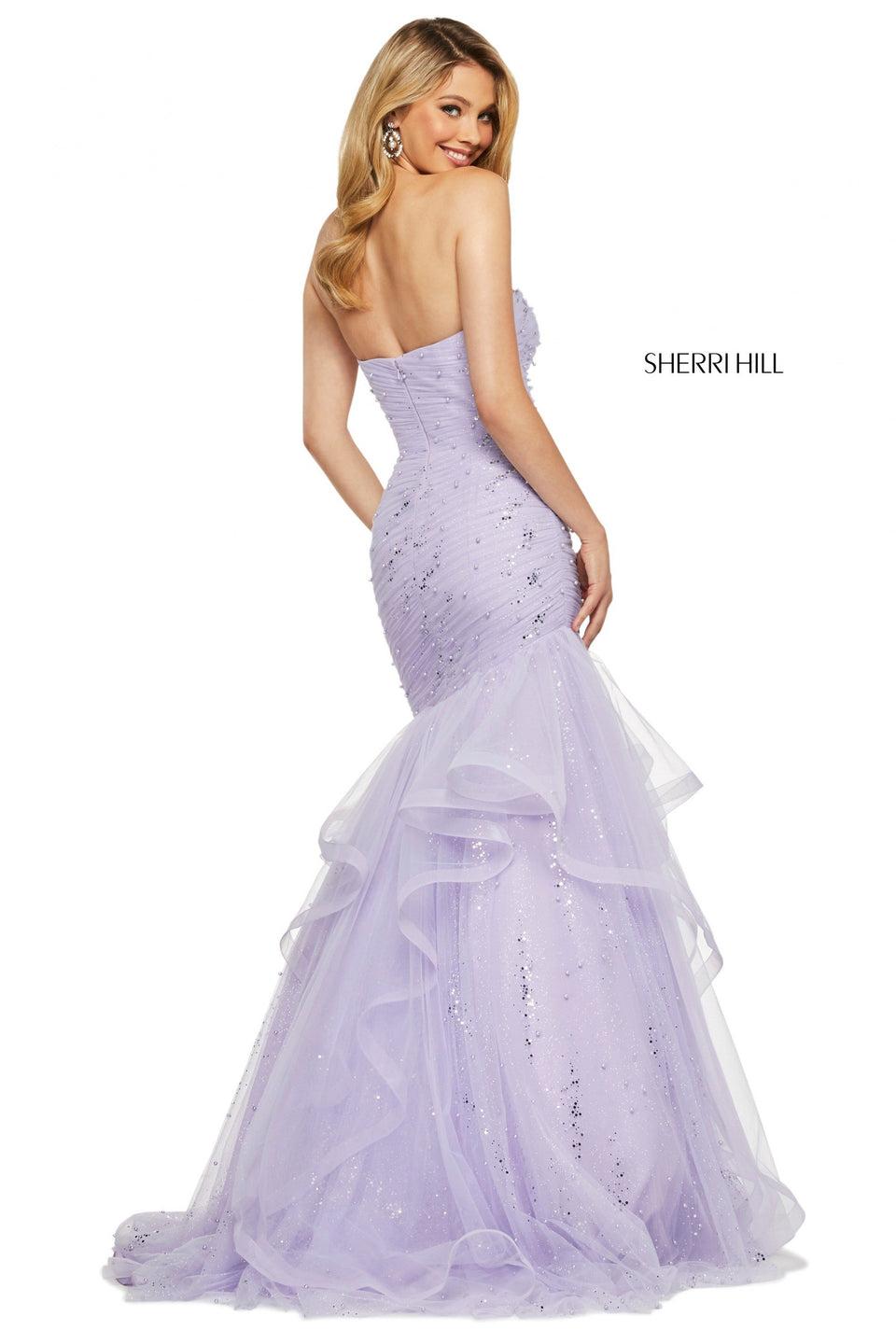 Sherri Hill Sequin Glitter And Pearl Beaded Tulle Mermaid Dress With Strapless Neckline Ruched Bodice And Ruffle Skirt