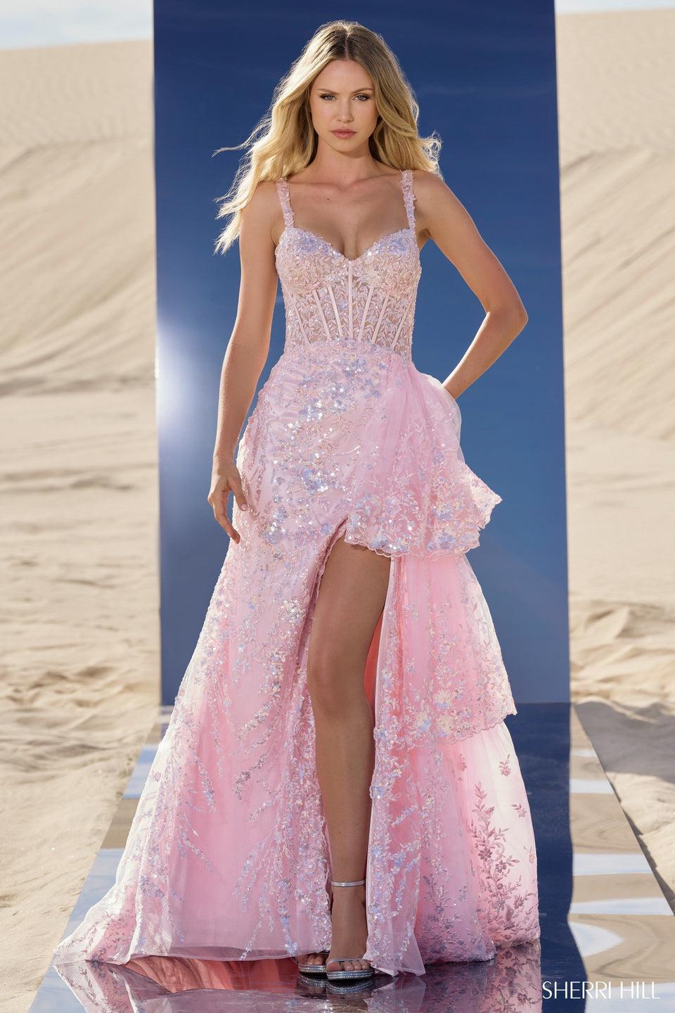 Sherri Hill Sequin Gown With Corset Bodice Side Ruffle Over Skirt And High Slit