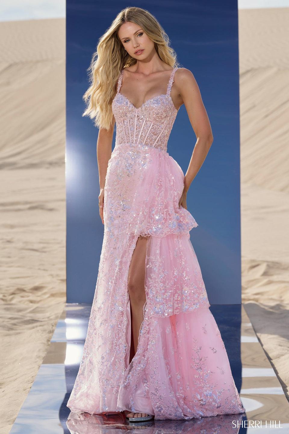 sherri hill Sequin gown with corset bodice side ruffle over skirt and high slit
