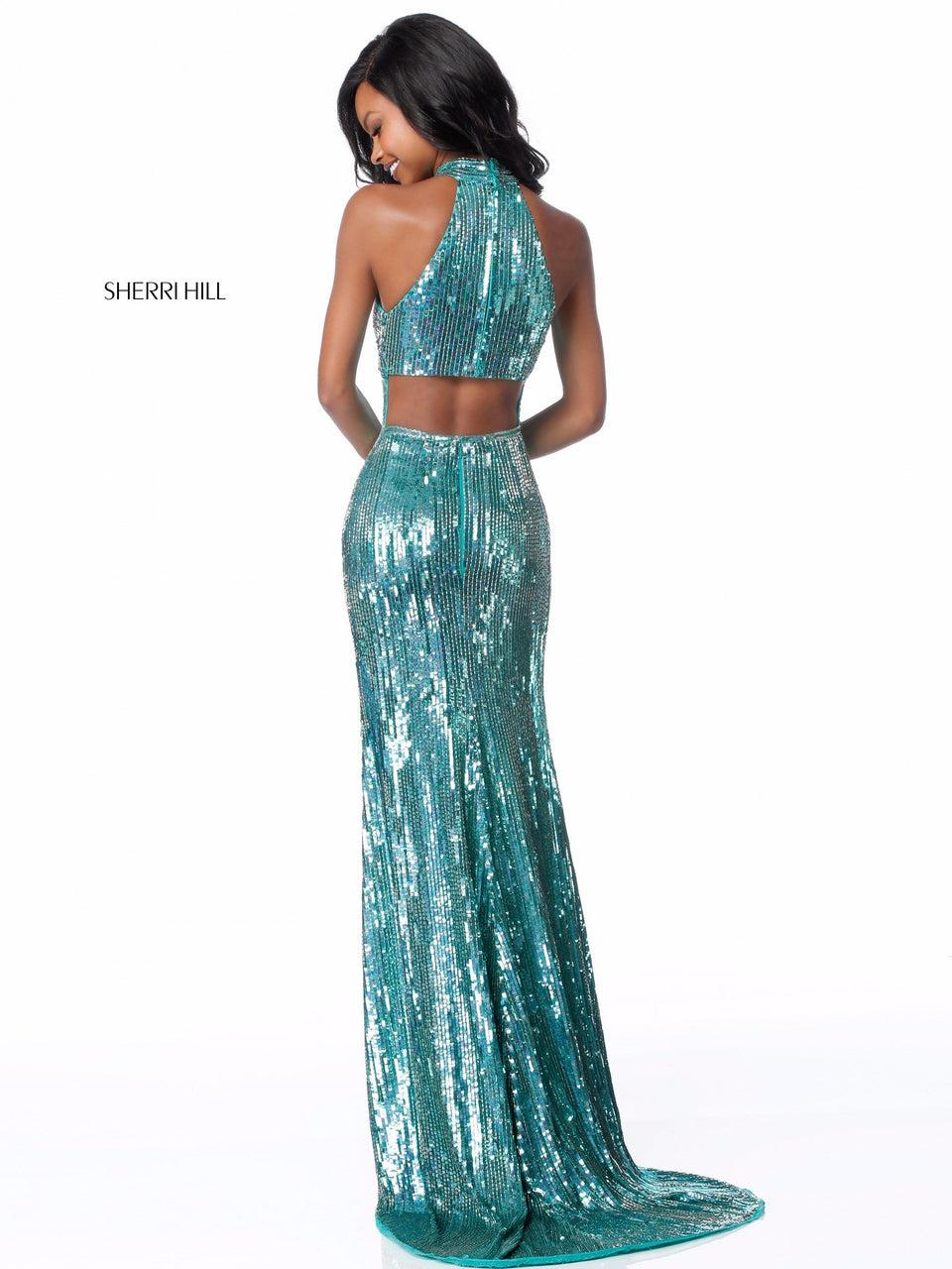 Sherri Hill Sequin Gown With Front Keyhole Bodice Cut Out Back And Slit Skirt