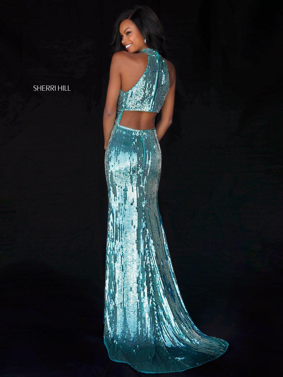 Sherri Hill Sequin Gown With Front Keyhole Bodice Cut Out Back And Slit Skirt