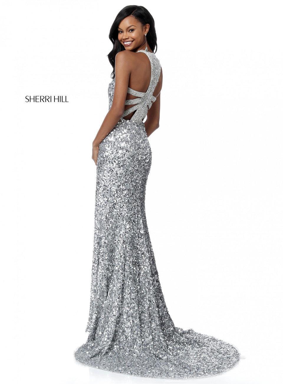 Sherri Hill Sequin Gown With Halter Bodice Cut Out Back And Slit Skirt