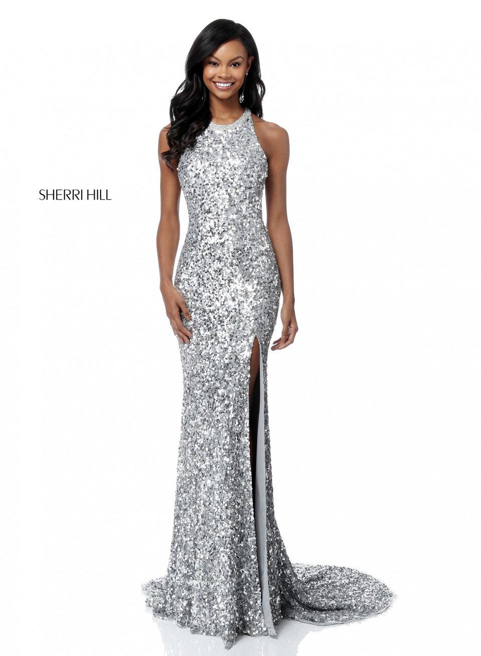 Sherri Hill Sequin Gown With Halter Bodice Cut Out Back And Slit Skirt