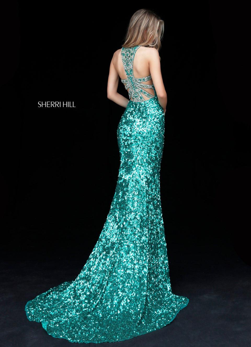 sherri hill Sequin gown with halter bodice cut out back and slit skirt