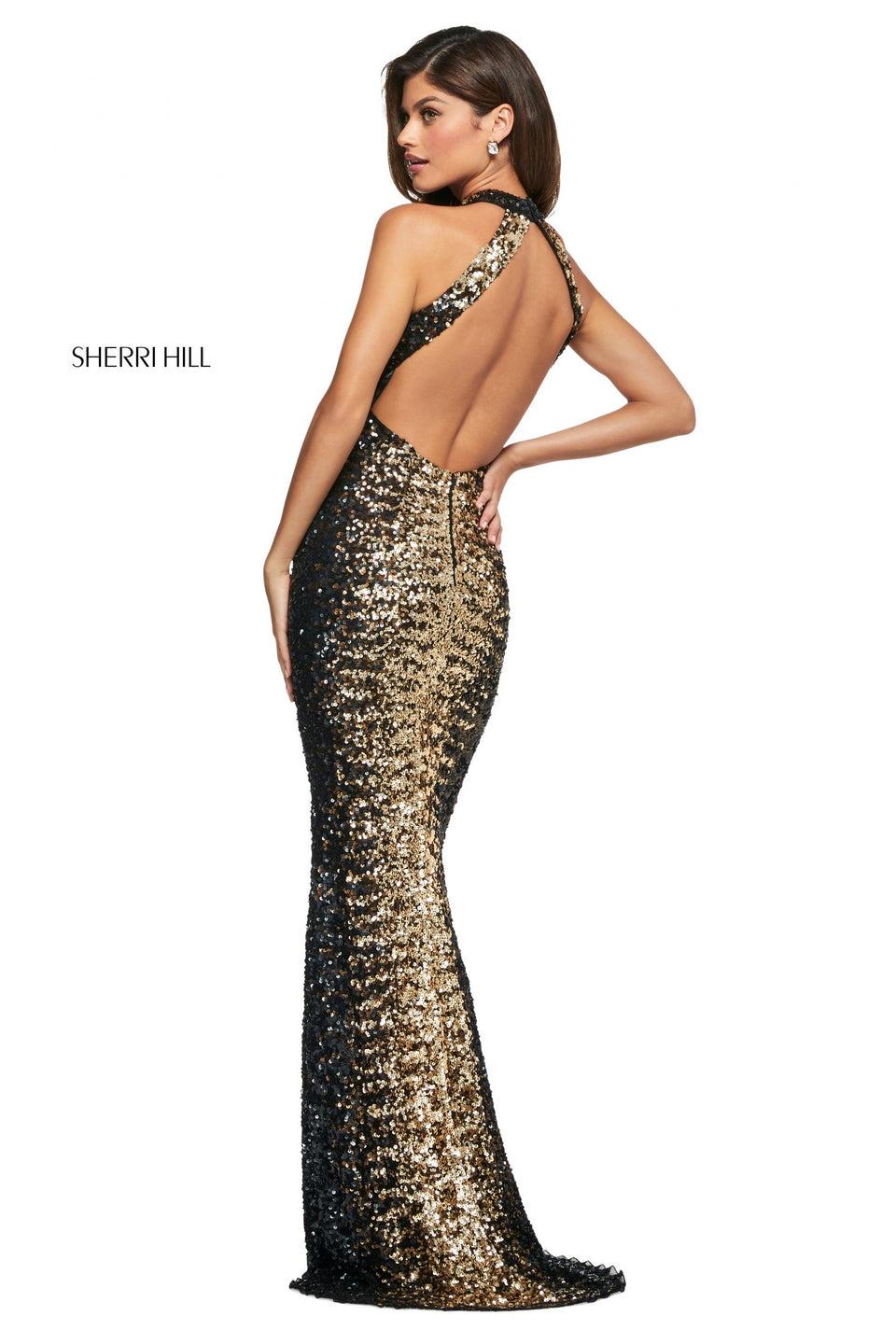 Sherri Hill Sequin Gown With High Cut Halter Style Neckline And Open Back