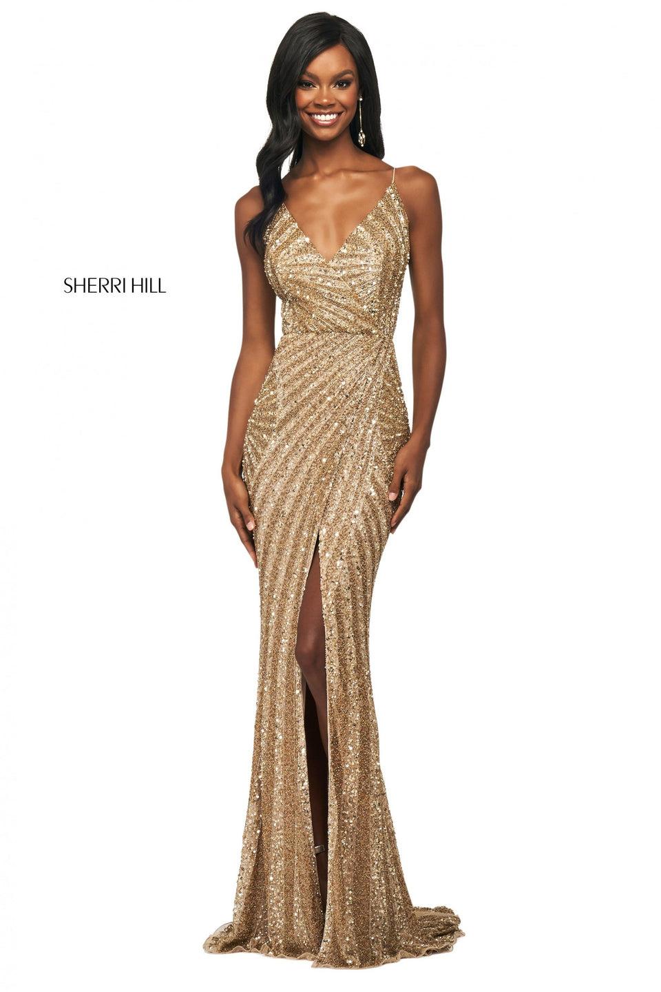 sherri hill Sequin gown with V neckline and skirt slit