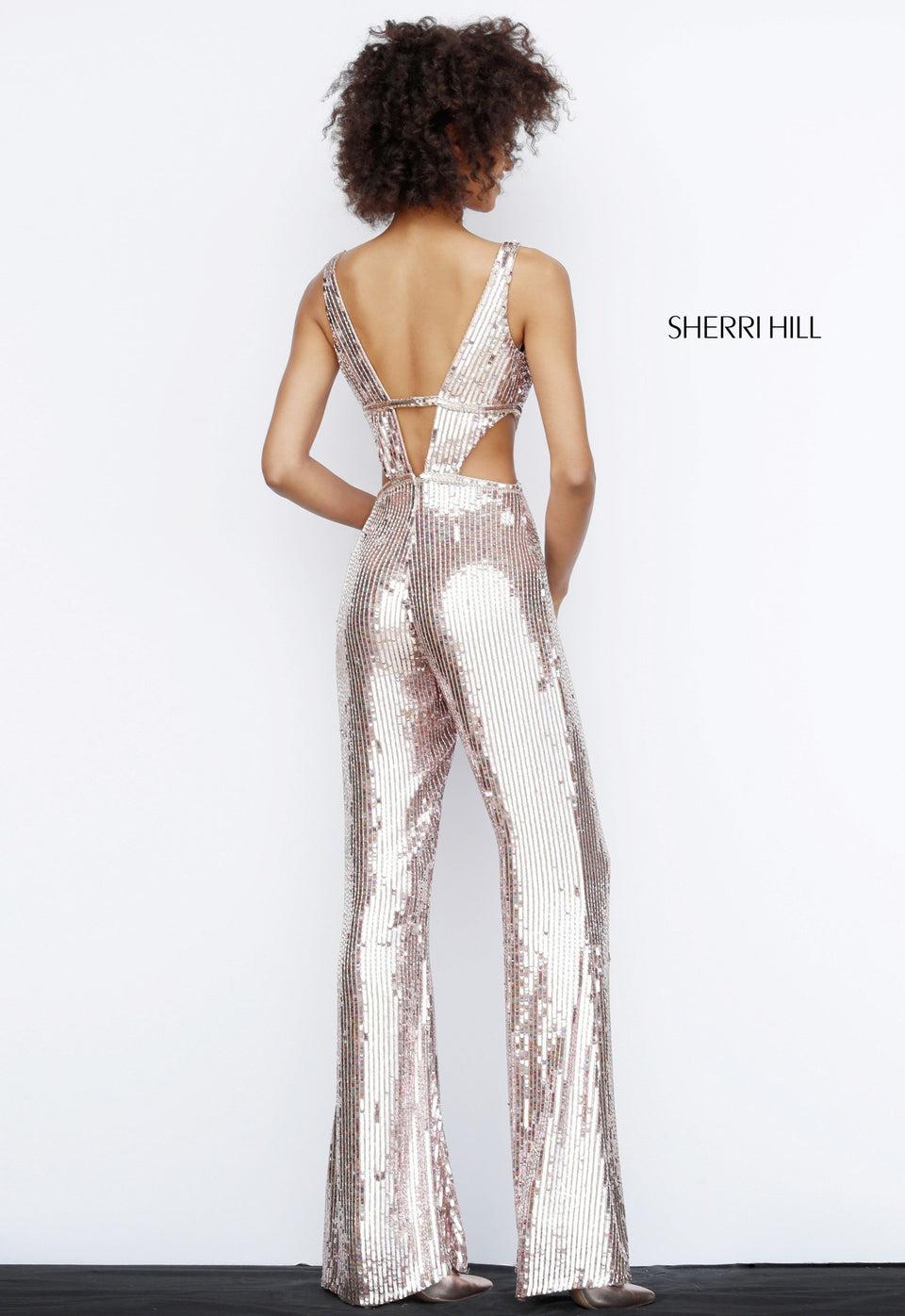 Sherri Hill Sequin Jumpsuit With Deep V Bodice And Cut Out Back And Sides
