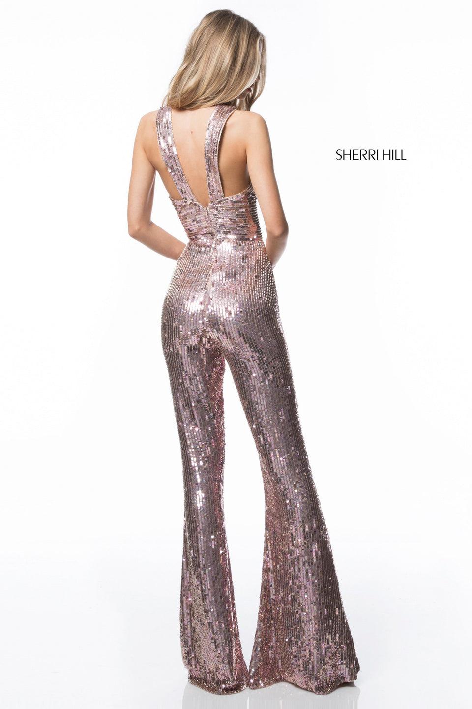 Sherri Hill Sequin Jumpsuit With Front Cross Bodice And Flare Pants