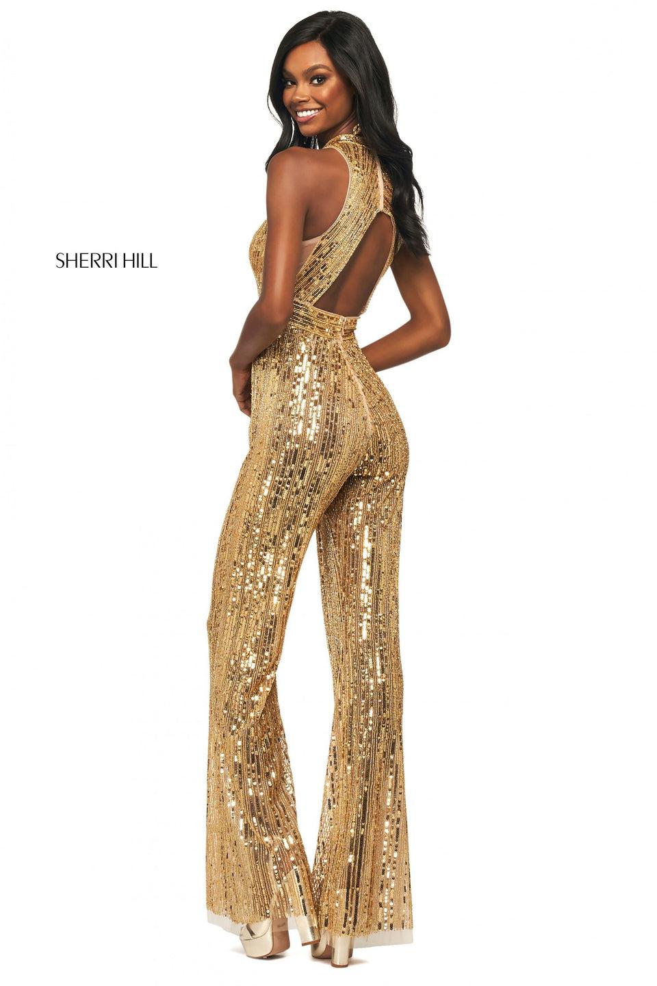 Sherri Hill Sequin Jumpsuit With High Neckline Illusion Cut Out On Bodice And Open Back