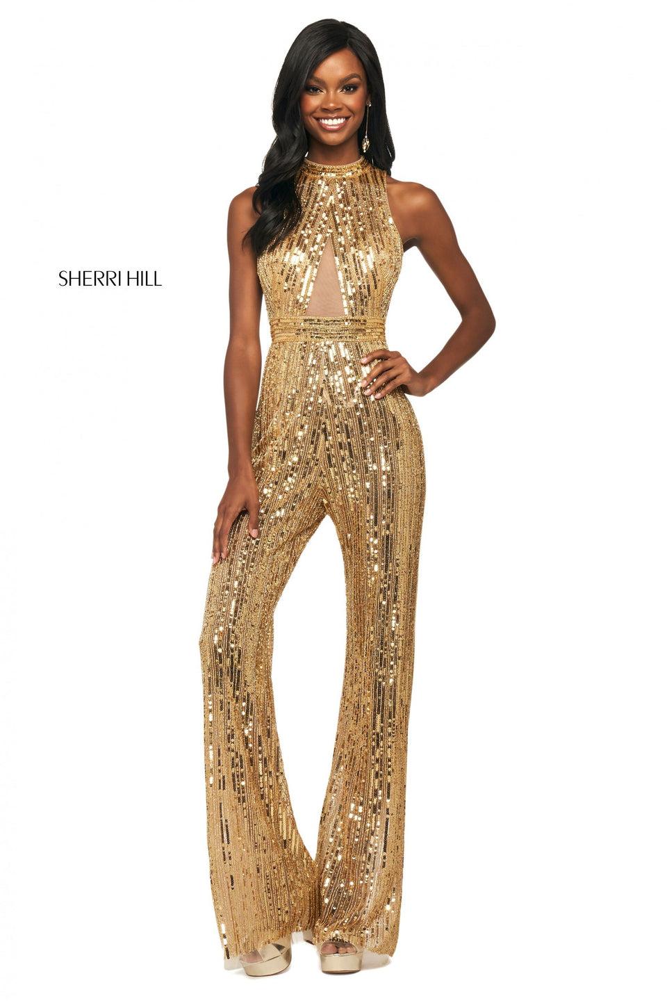 sherri hill Sequin jumpsuit with high neckline illusion cut out on bodice and open back