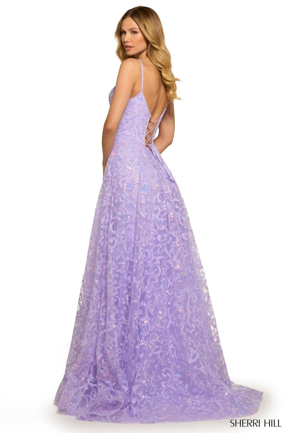 Sherri Hill Sequin Lace Ballgown With Corset Bodice Deep V Illusion Neckline And Lace Up Back