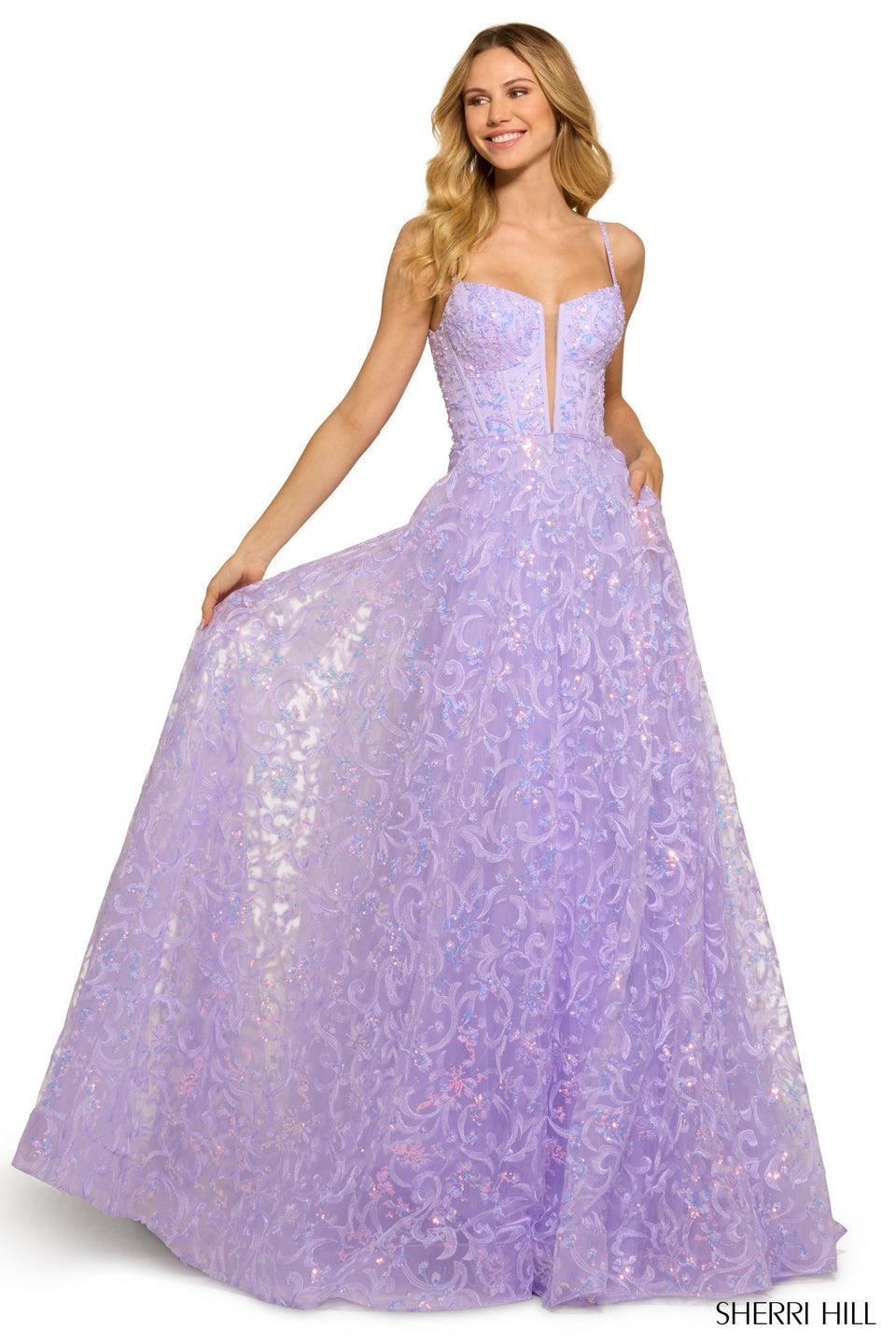 sherri hill Sequin lace ballgown with corset bodice deep V illusion neckline and lace up back