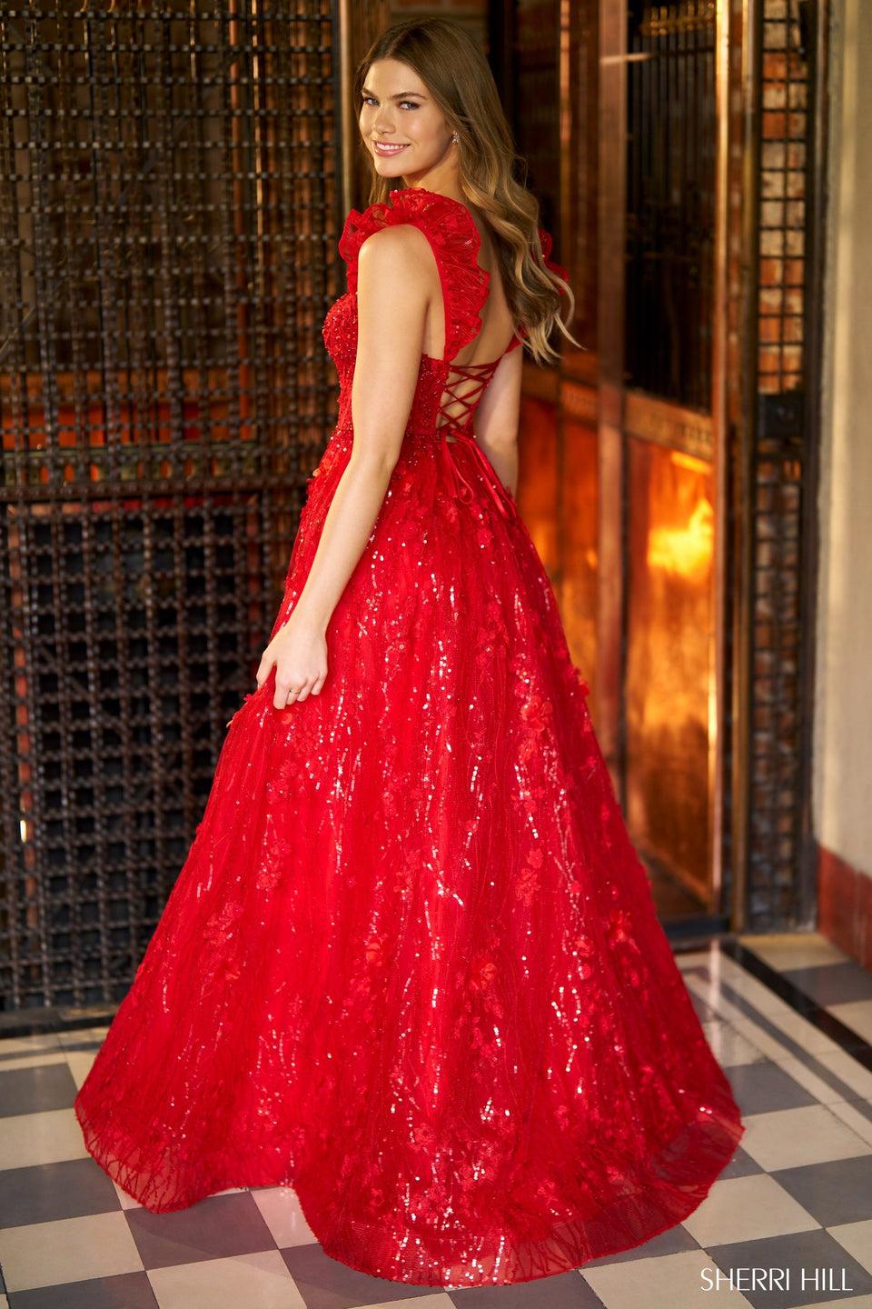 Sherri Hill Sequin Lace Ballgown With Corset Bodice Ruffle Sleeves And Lace Up Back