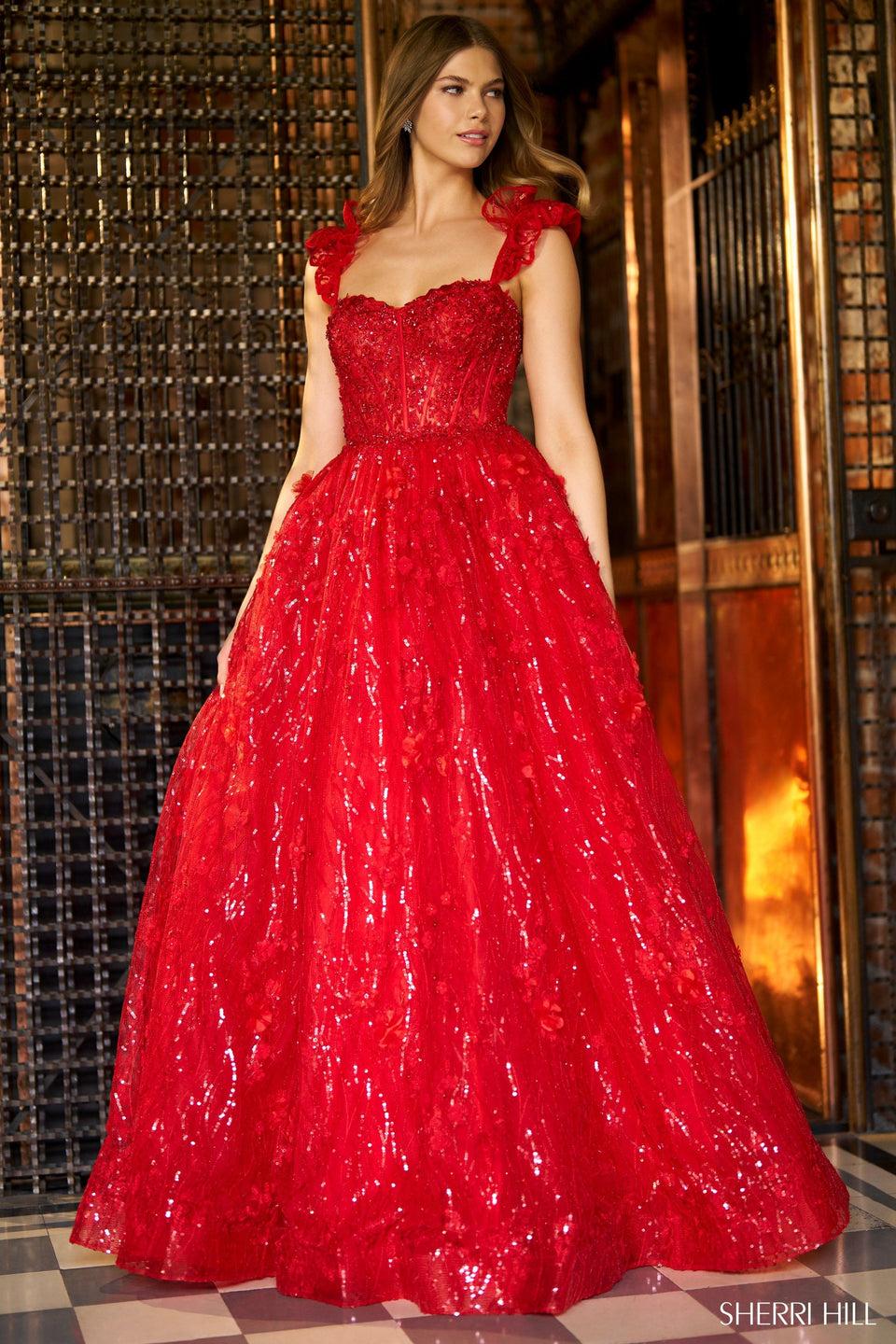 Sherri Hill Sequin Lace Ballgown With Corset Bodice Ruffle Sleeves And Lace Up Back