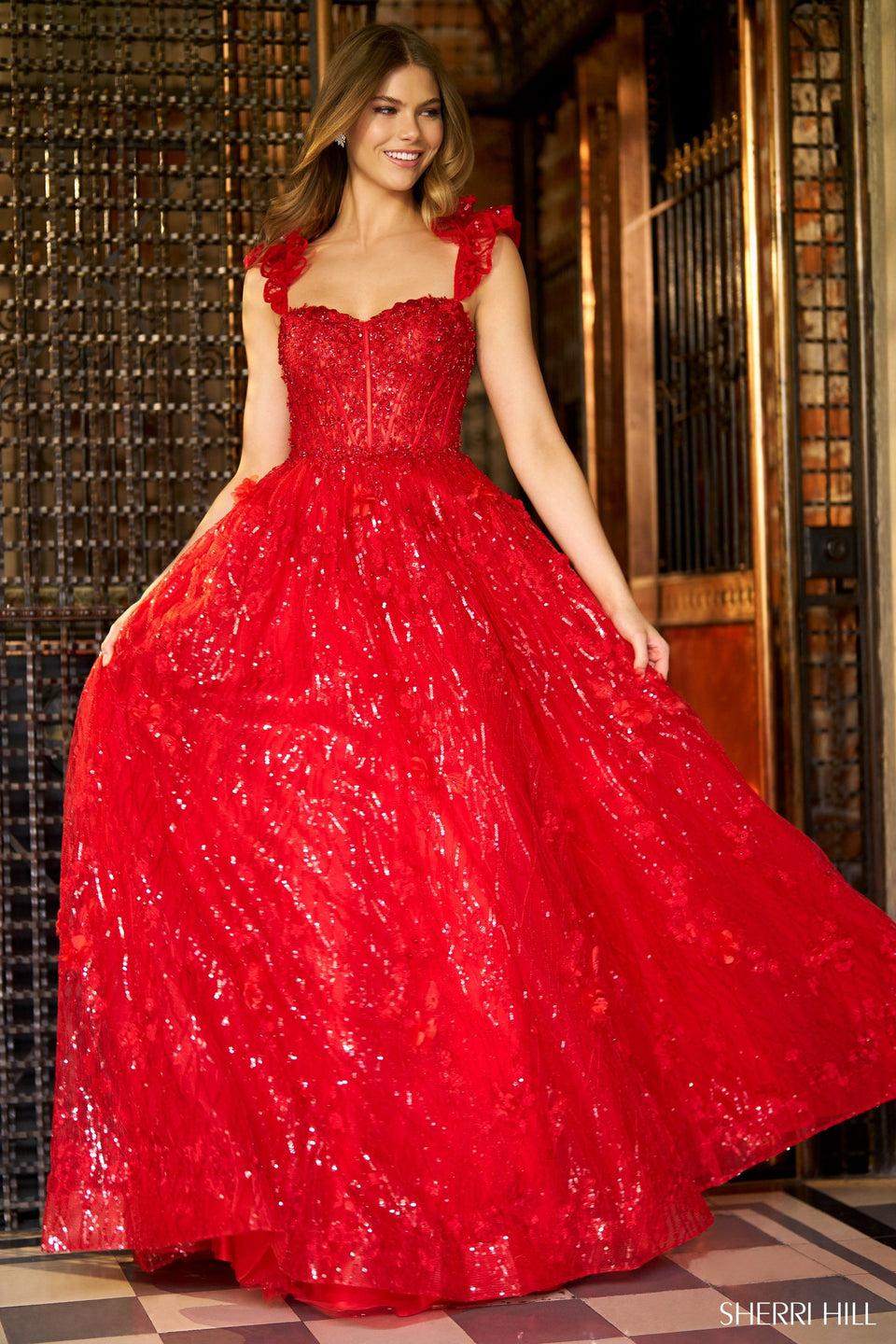 sherri hill Sequin lace ballgown with corset bodice ruffle sleeves and lace up back