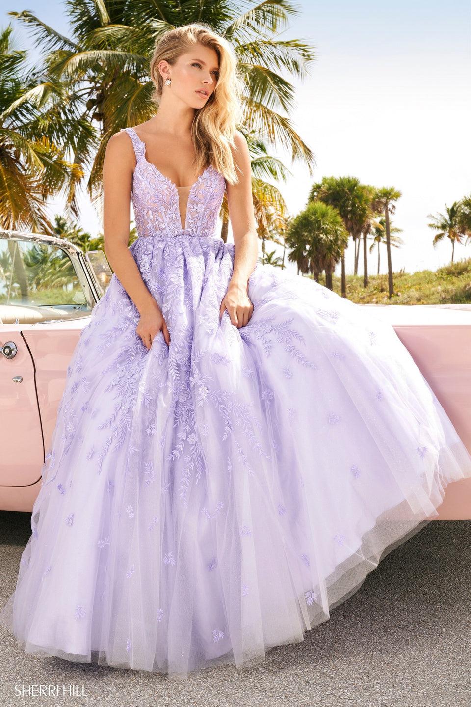 Sherri Hill Sequin Lace Ballgown With Deep V Illusion Sweetheart Neckline