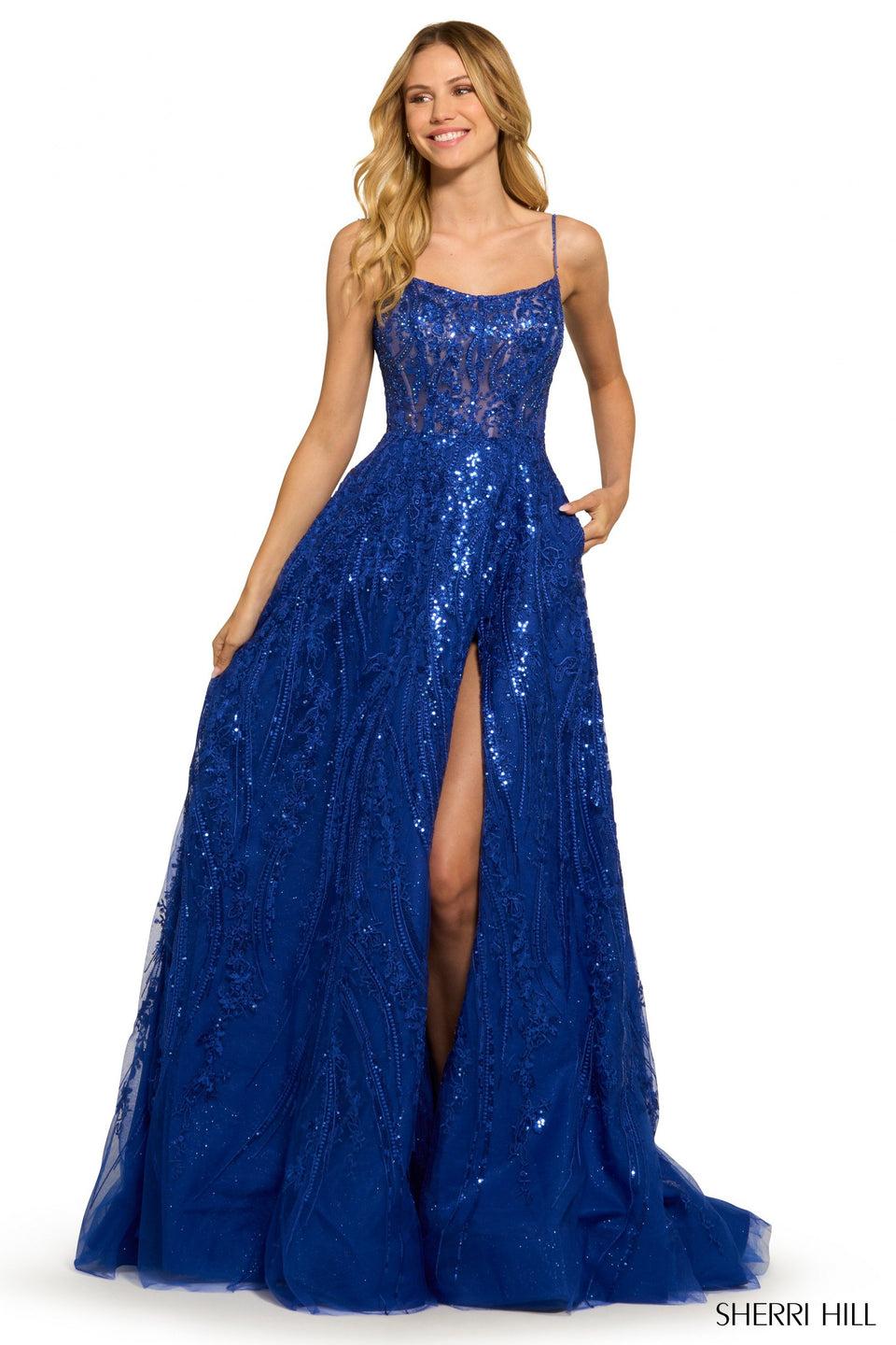 Sherri Hill Sequin Lace Ballgown With Lace Up Back And Slit