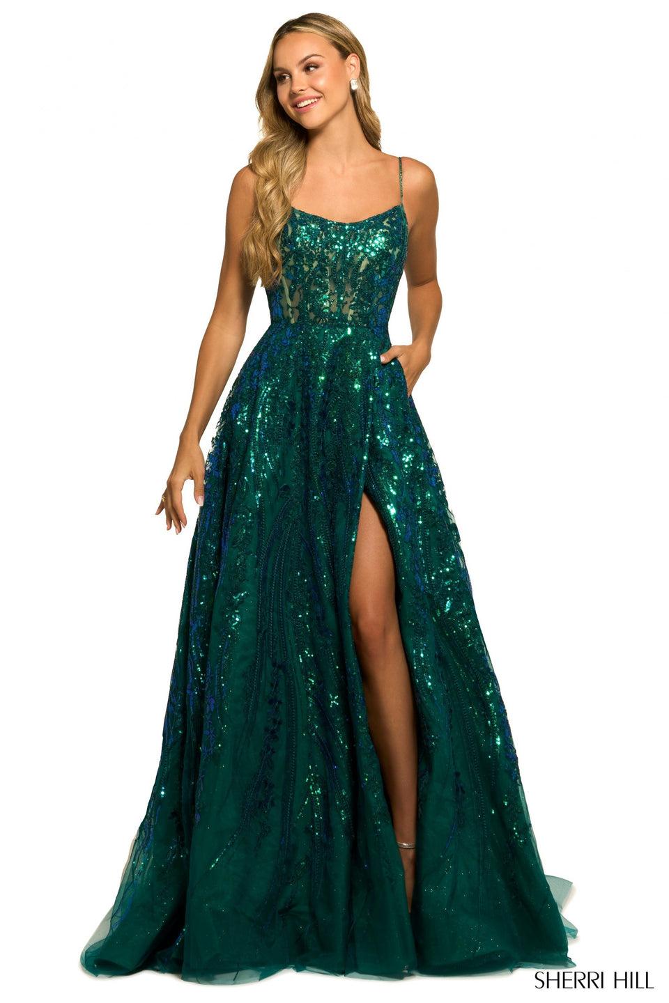 Sherri Hill Sequin Lace Ballgown With Lace Up Back And Slit