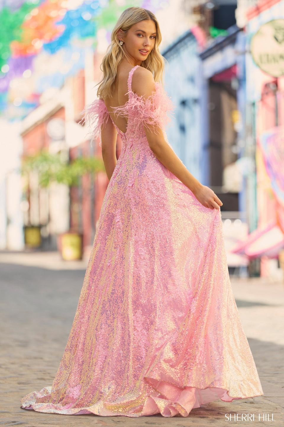 Sherri Hill Sequin Lace Ballgown With Removable Off The Shoulder Feathers