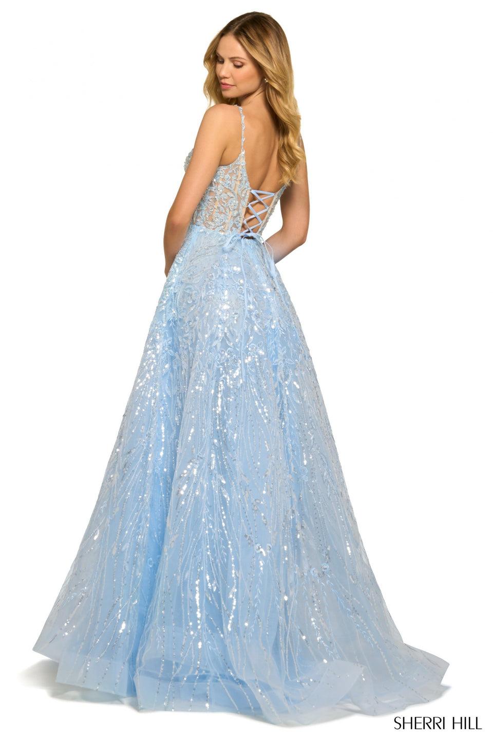 Sherri Hill Sequin Lace Ballgown With Sheer Corset Bodice Deep V Neckline And Lace Up Back