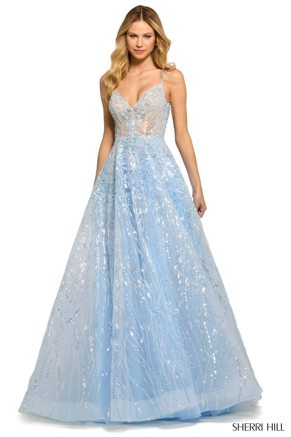 sherri hill Sequin lace ballgown with sheer corset bodice deep V neckline and lace up back