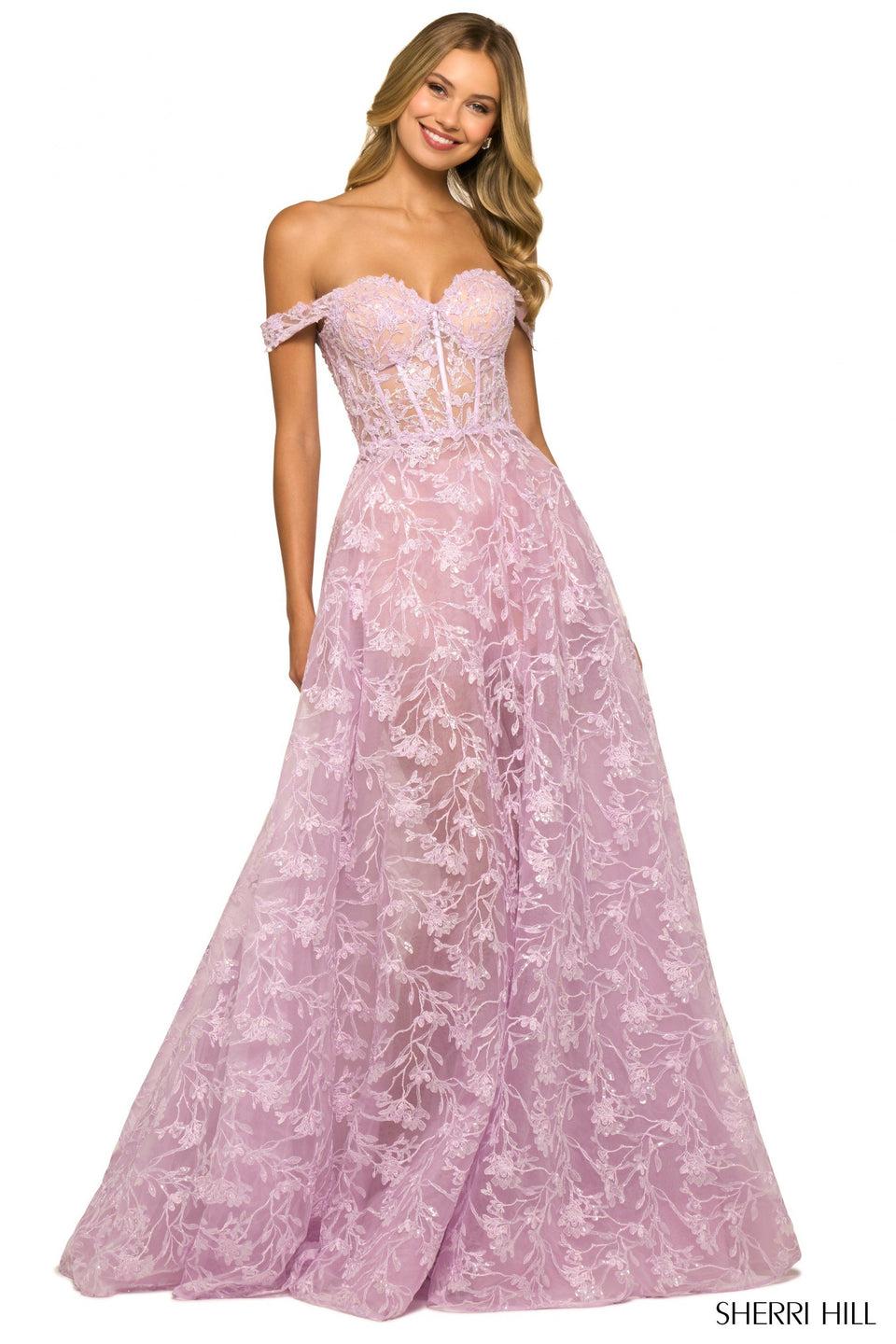 sherri hill Sequin lace ballgown with sheer corset top off the shoulder sleeves and removable shorts underneath skirt