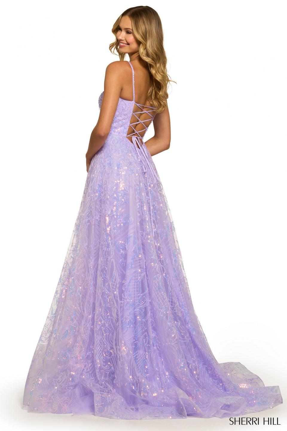 Sherri Hill Sequin Lace Ballgown With Straight Neckline And Lace Up Back