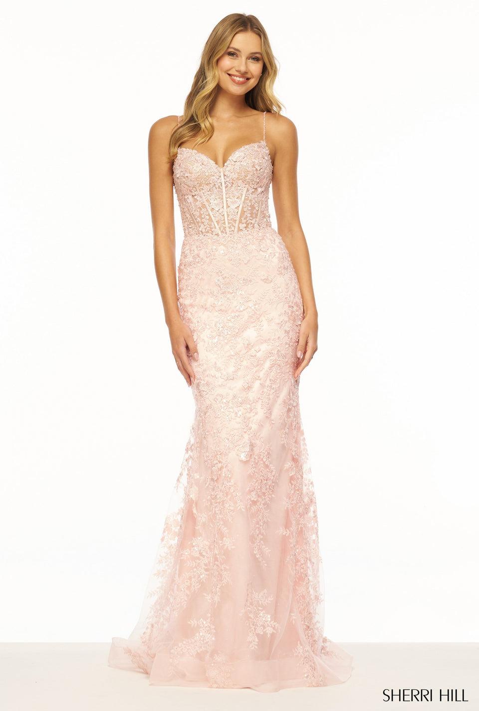 Sherri Hill Sequin Lace Fitted Gown With Corset Bodice