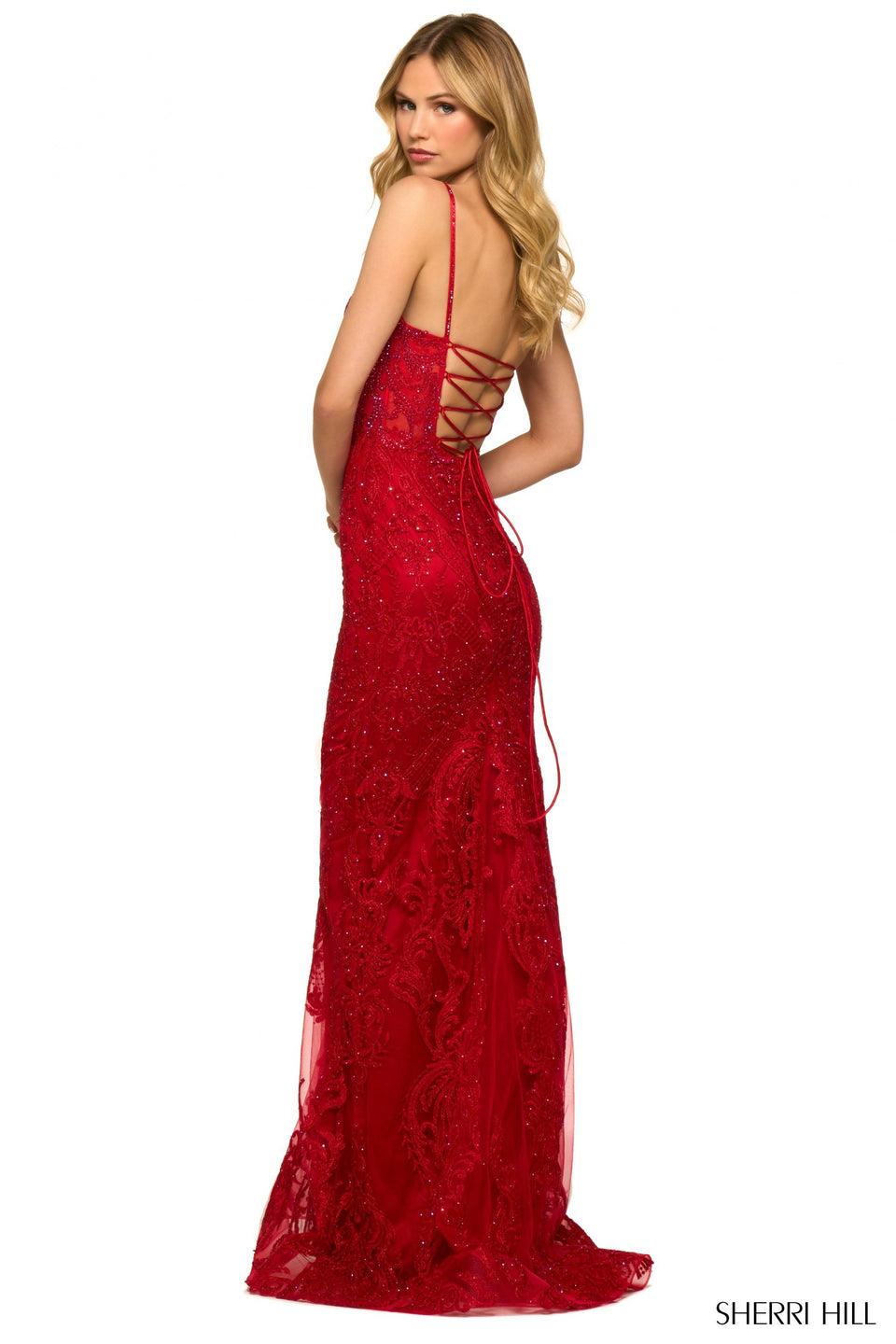 Sherri Hill Sequin Lace Fitted Gown With Deep V Illusion Neckline And Lace Up Back