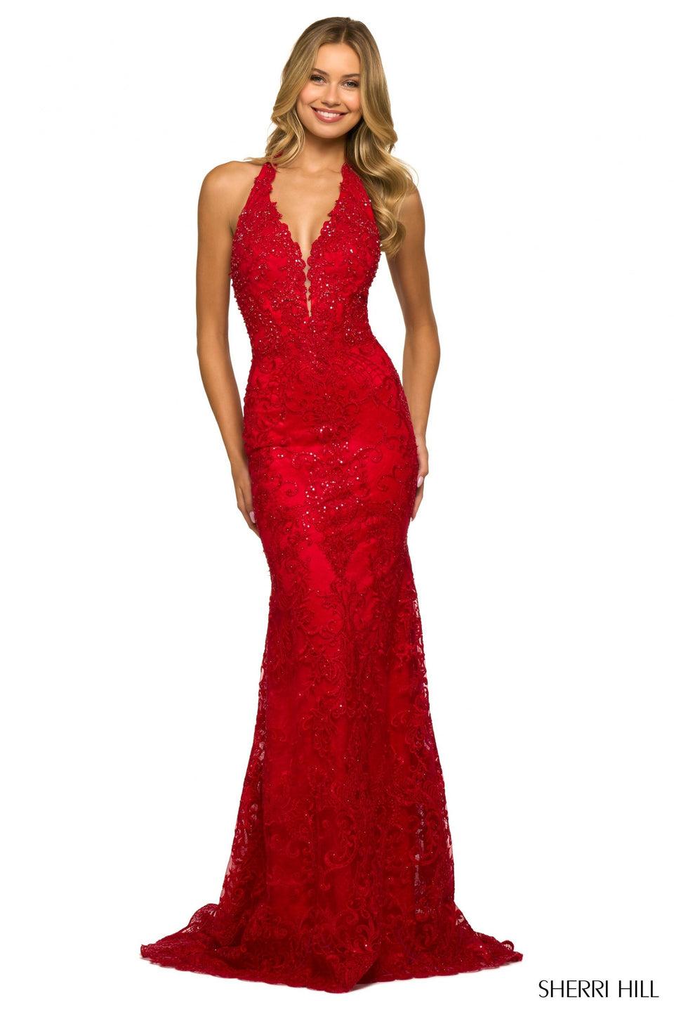 sherri hill Sequin lace halter gown with deep V neckline and open back