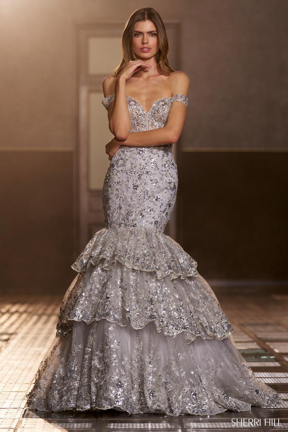 Sherri Hill Sequin Lace Mermaid Gown With Corset Bodice Off The Shoulder Straps And Ruffle Skirt