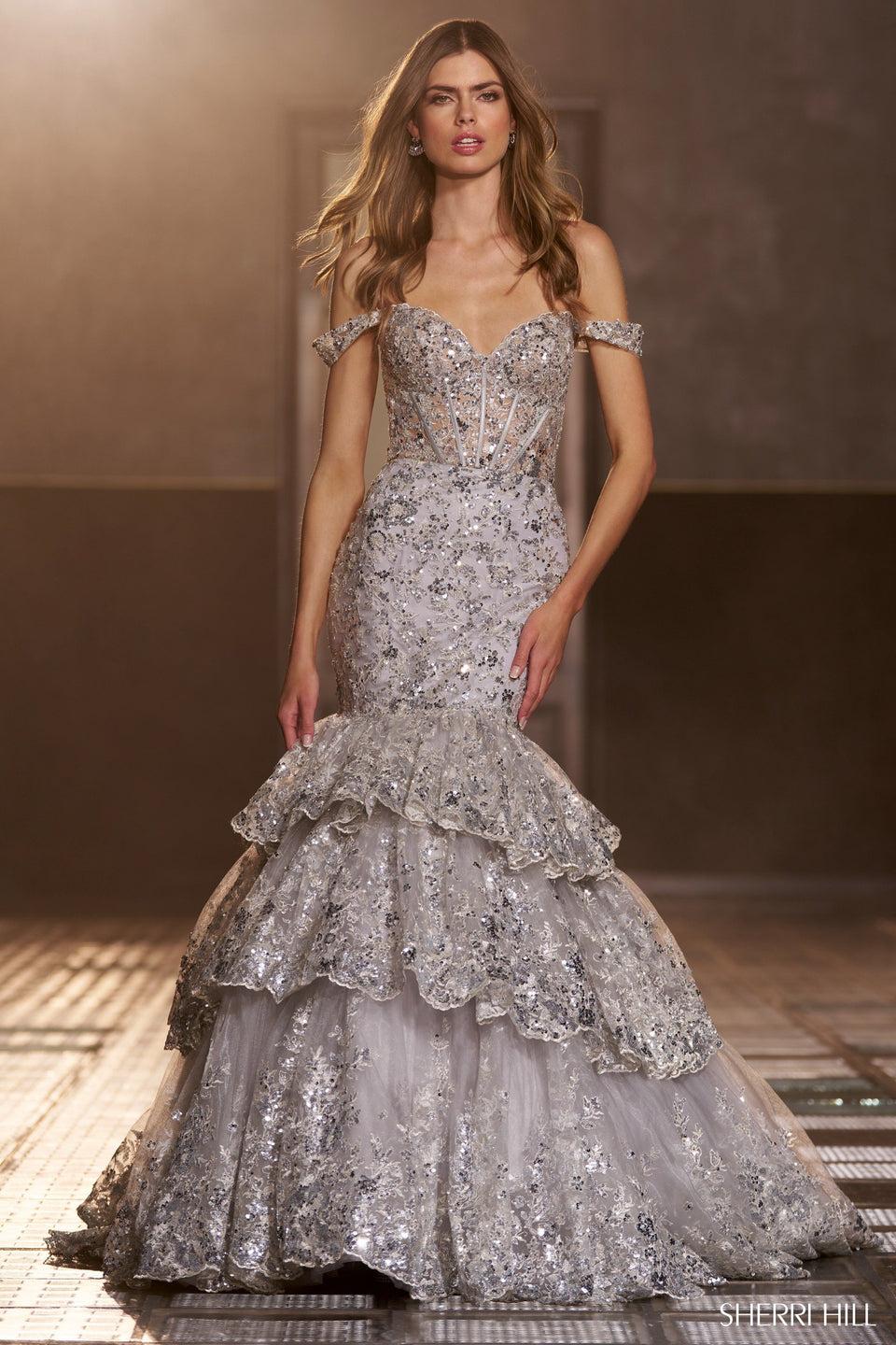 sherri hill Sequin lace mermaid gown with corset bodice off the shoulder straps and ruffle skirt