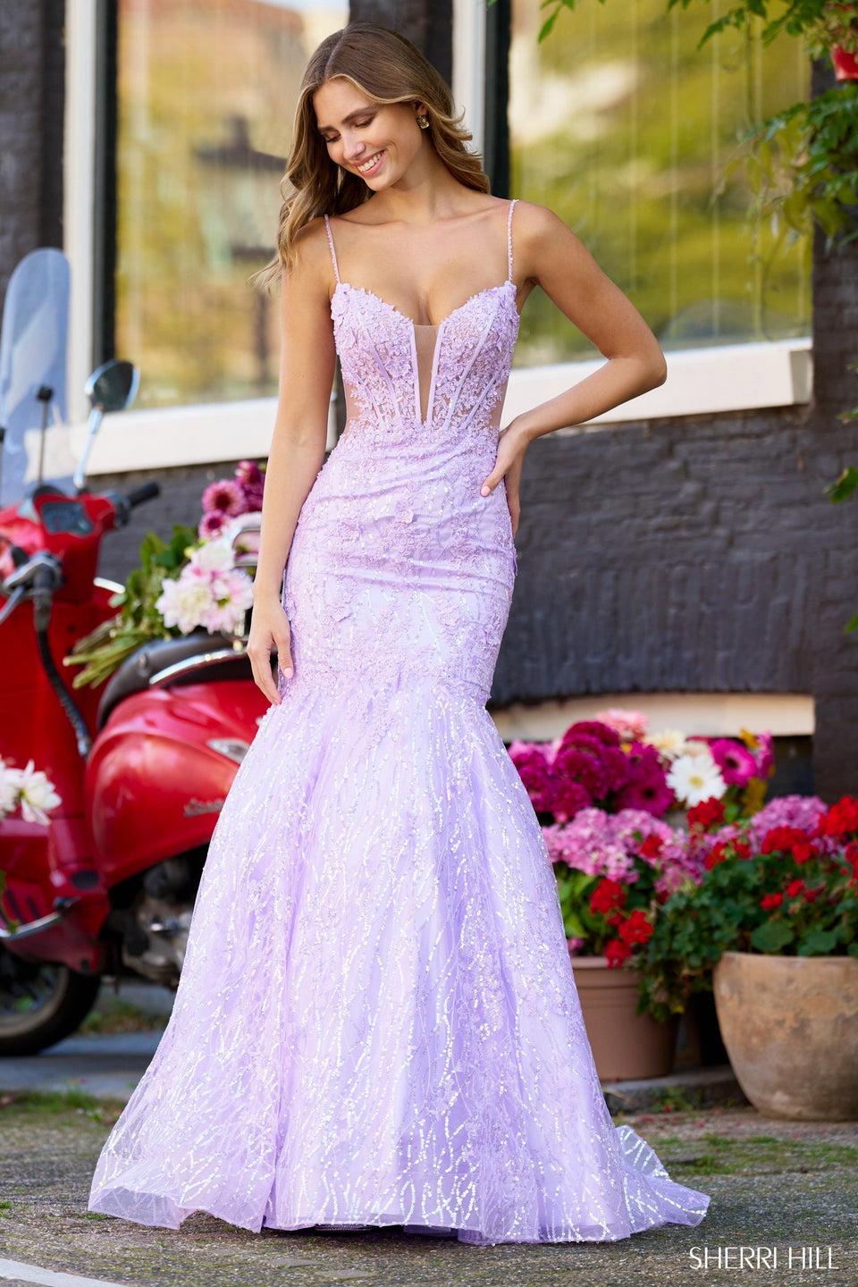 Sherri Hill Sequin Lace Mermaid Gown With Deep V Illusion And A Corset Bodice