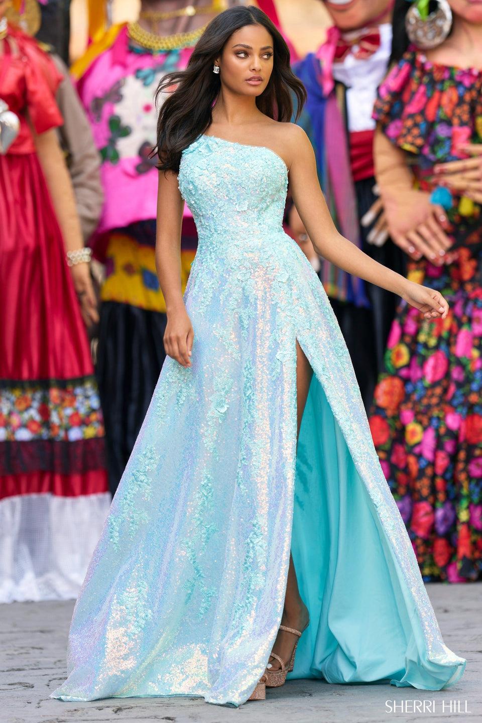 Sherri Hill Sequin Lace One Shoulder Ballgown With Skirt Slit