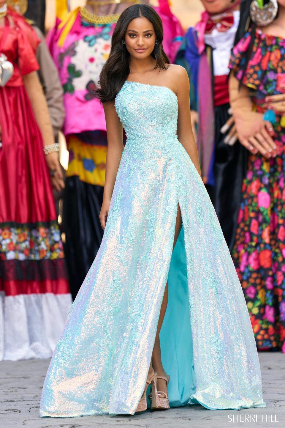 sherri hill Sequin lace one shoulder ballgown with skirt slit