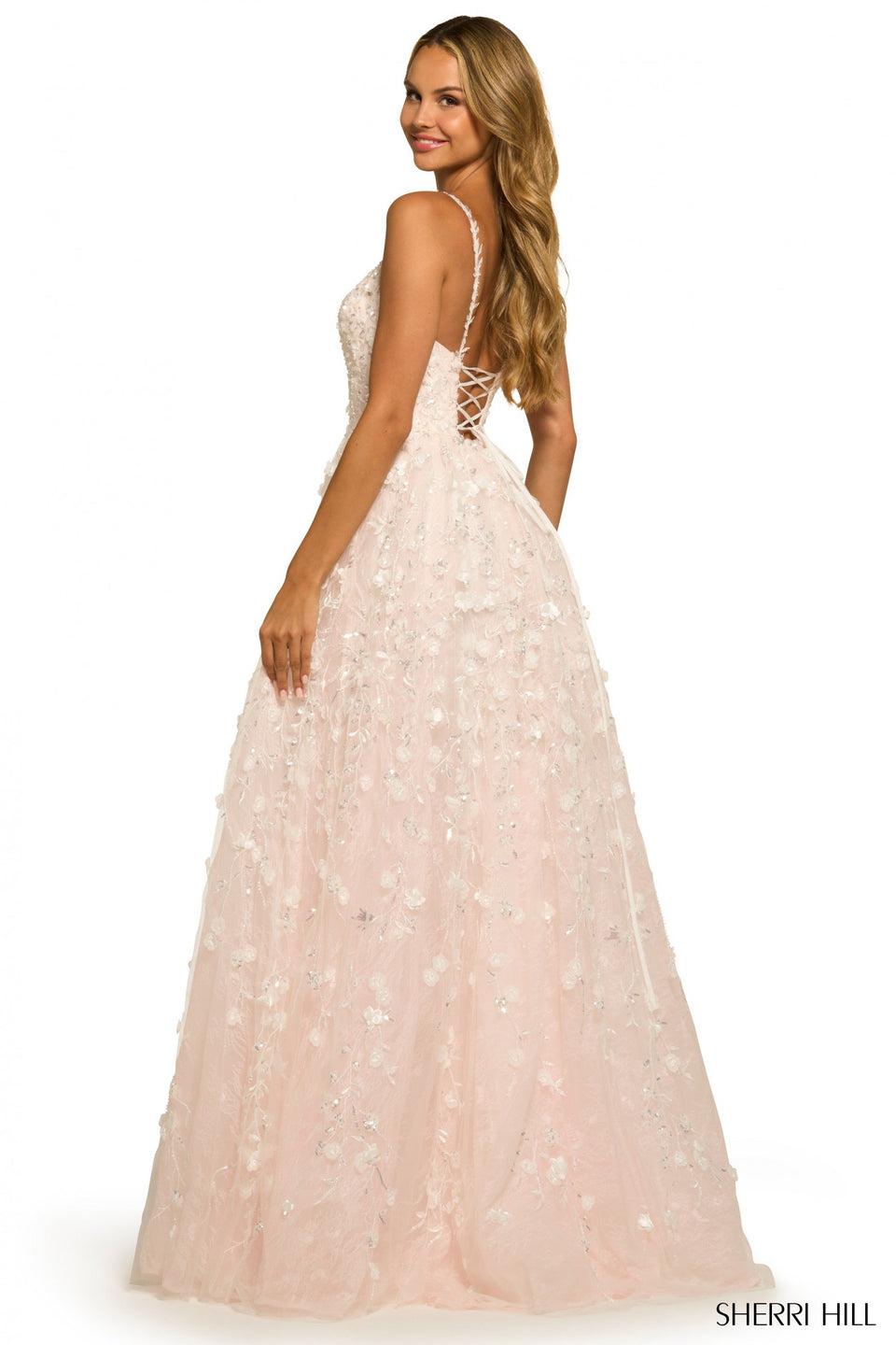 Sherri Hill Sequin Lace Tulle Ballgown With 3D Embellishments Deep V Neckline And Lace Up Back