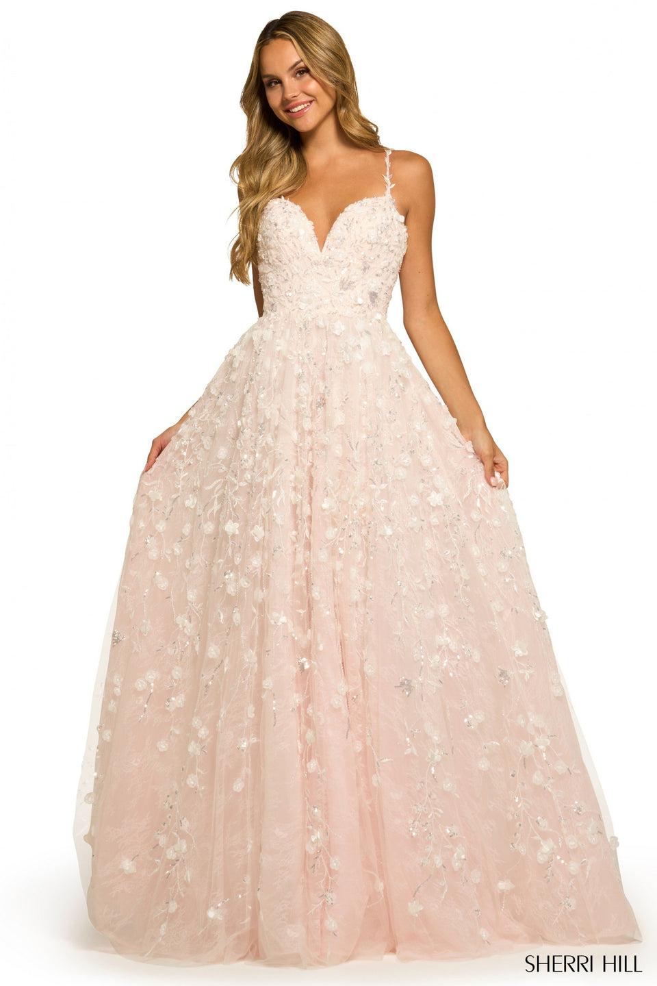 sherri hill Sequin lace tulle ballgown with 3D embellishments deep V neckline and lace up back