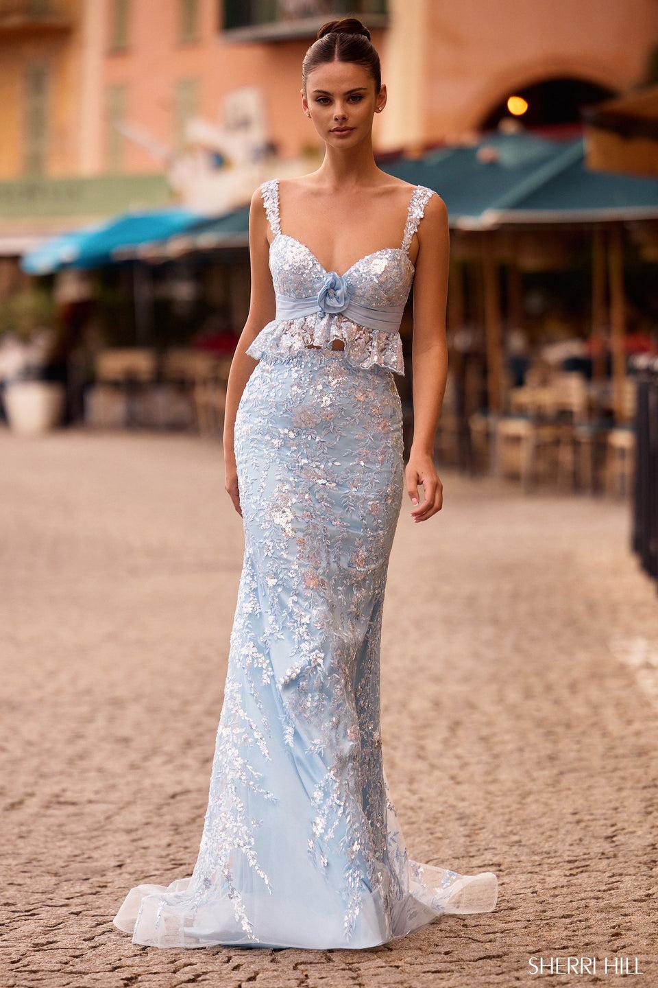 Sherri Hill Sequin Lace Two- Piece Gown With Ruffle Trim On Bodice