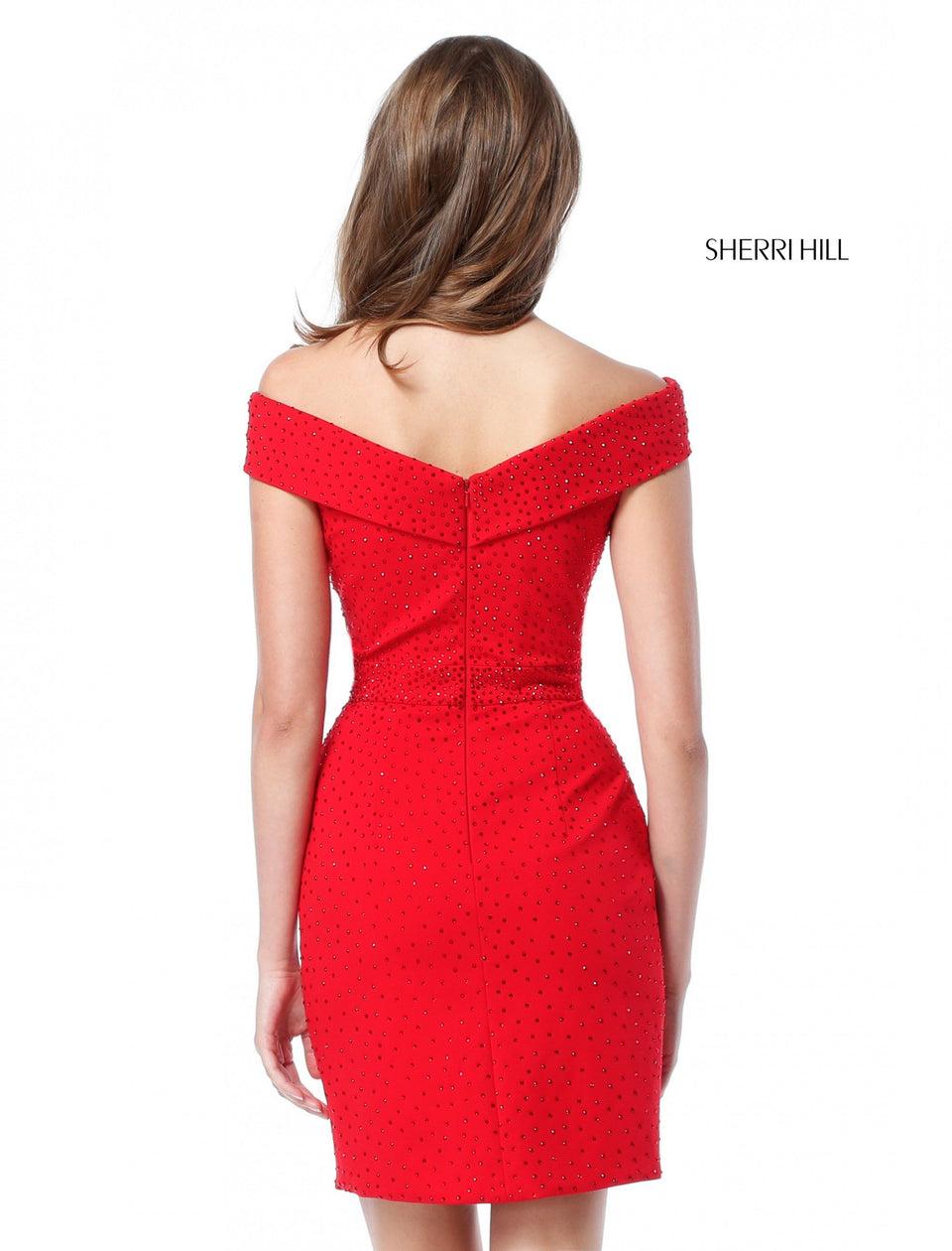 Sherri Hill Sequin Stretch Scuba Cocktail With Off Shoulder Bodice