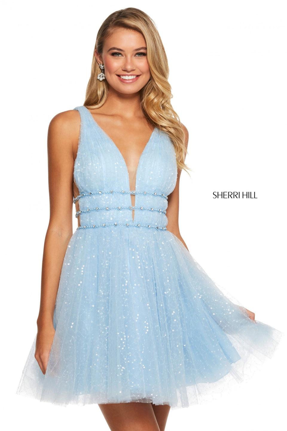 Sherri Hill Sequin Tulle A-line Cocktail Dress With Deep V Neckline And Triple Belt With Beading