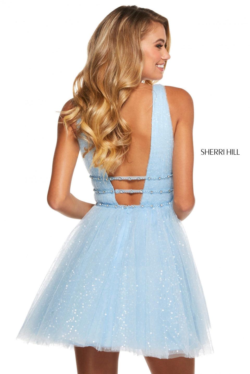 Sherri Hill Sequin Tulle A-line Cocktail Dress With Deep V Neckline And Triple Belt With Beading
