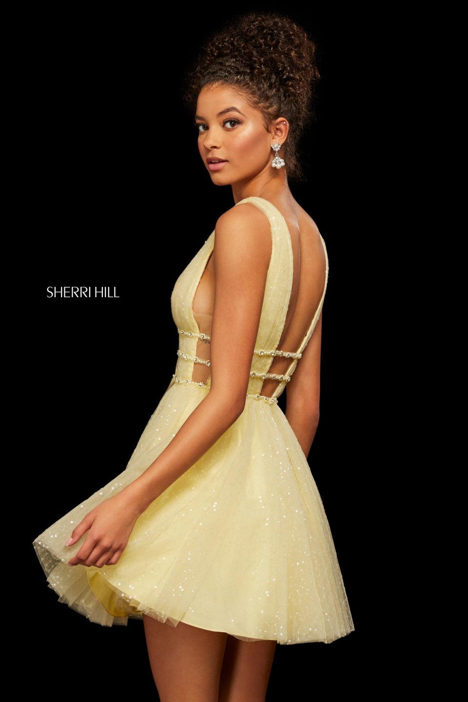 Sherri Hill Sequin Tulle A-line Cocktail Dress With Deep V Neckline And Triple Belt With Beading